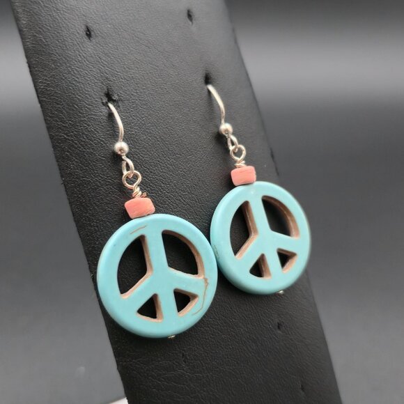Sterling Silver Howlite Stone Peace Symbol Earrings A6748 - Picture 2 of 6